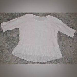 Bella Umbra White 100% Linen Eyelet Blouse Top Ruffle Beachy Italy size L